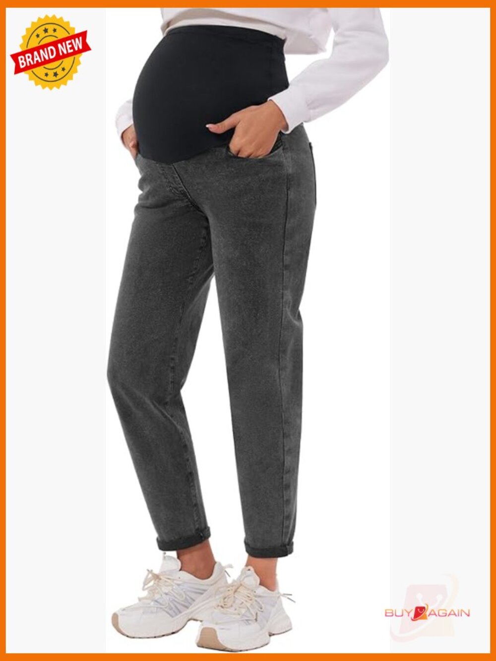 Maternity Boyfriend Jeans Over Belly Stretch Denim Pockets